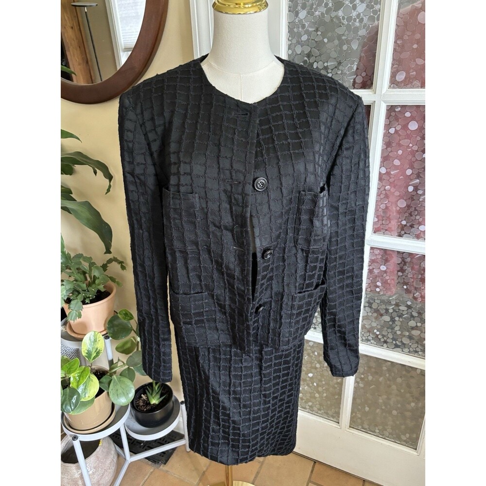 Vintage Mondi City Skirt Suit 44 Black Waffle Wool Blend